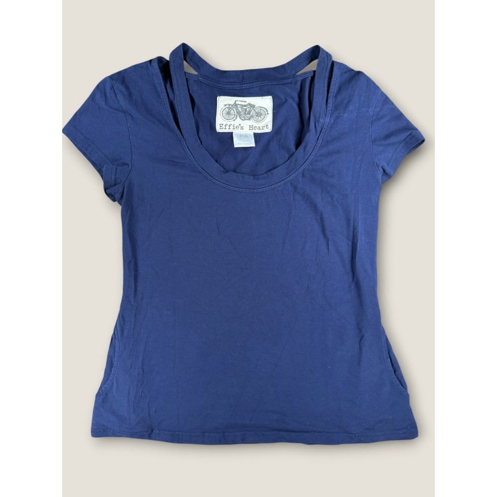 Effie's Heart Size M Navy Blue Short Sleeve T-Shirt Cutout Neck Pockets